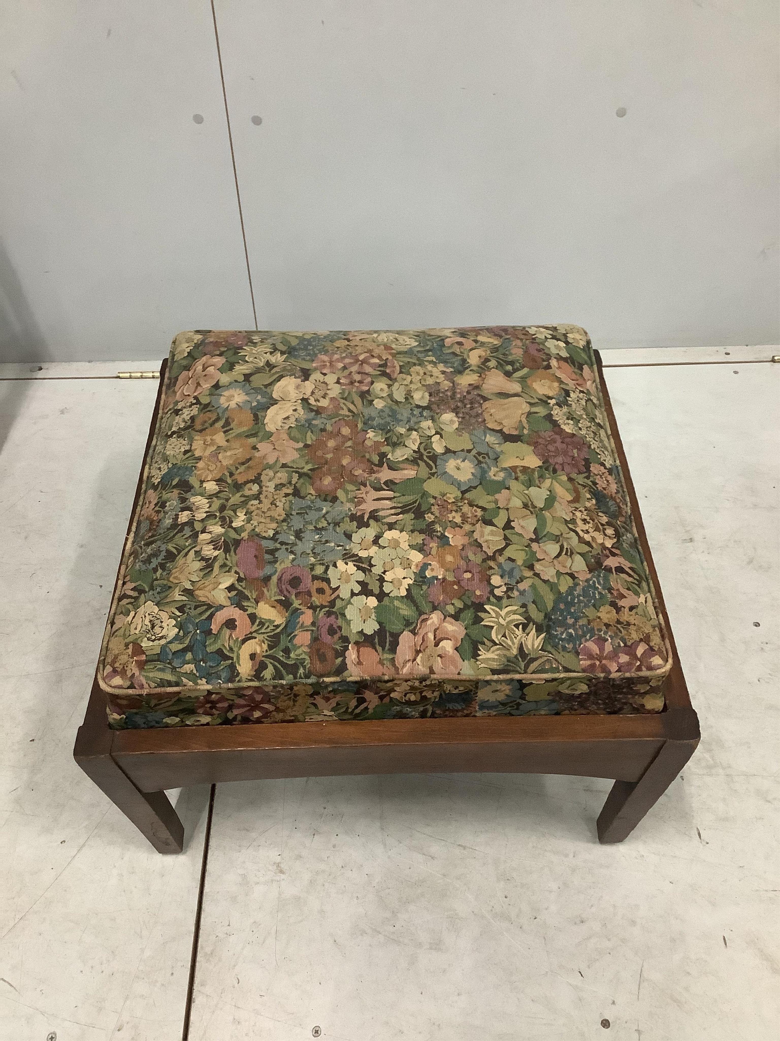 An early 20th century Morris style beech reclining armchair with a matching footstool, width 78cm, depth 92cm, height 108cm. Condition - fair